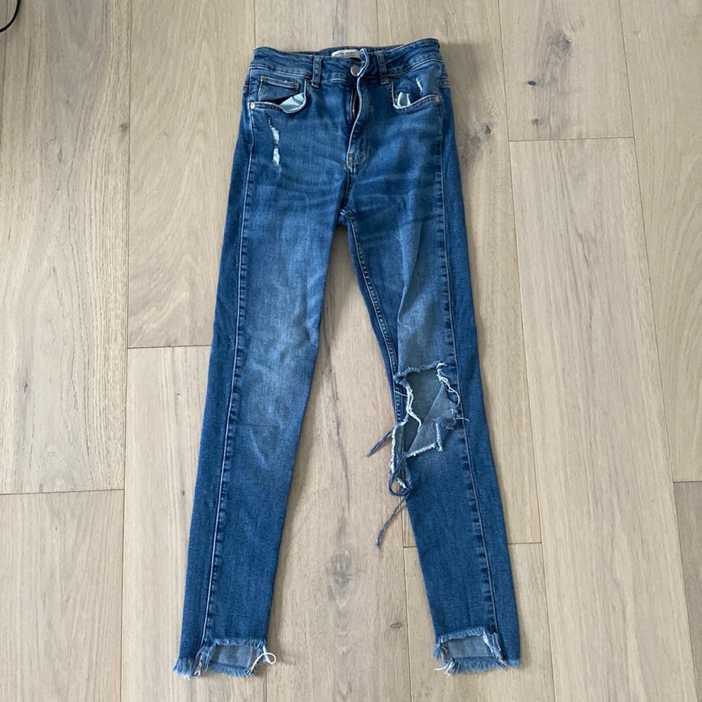 Zara High Waisted Raw Hem Ripped Jeans